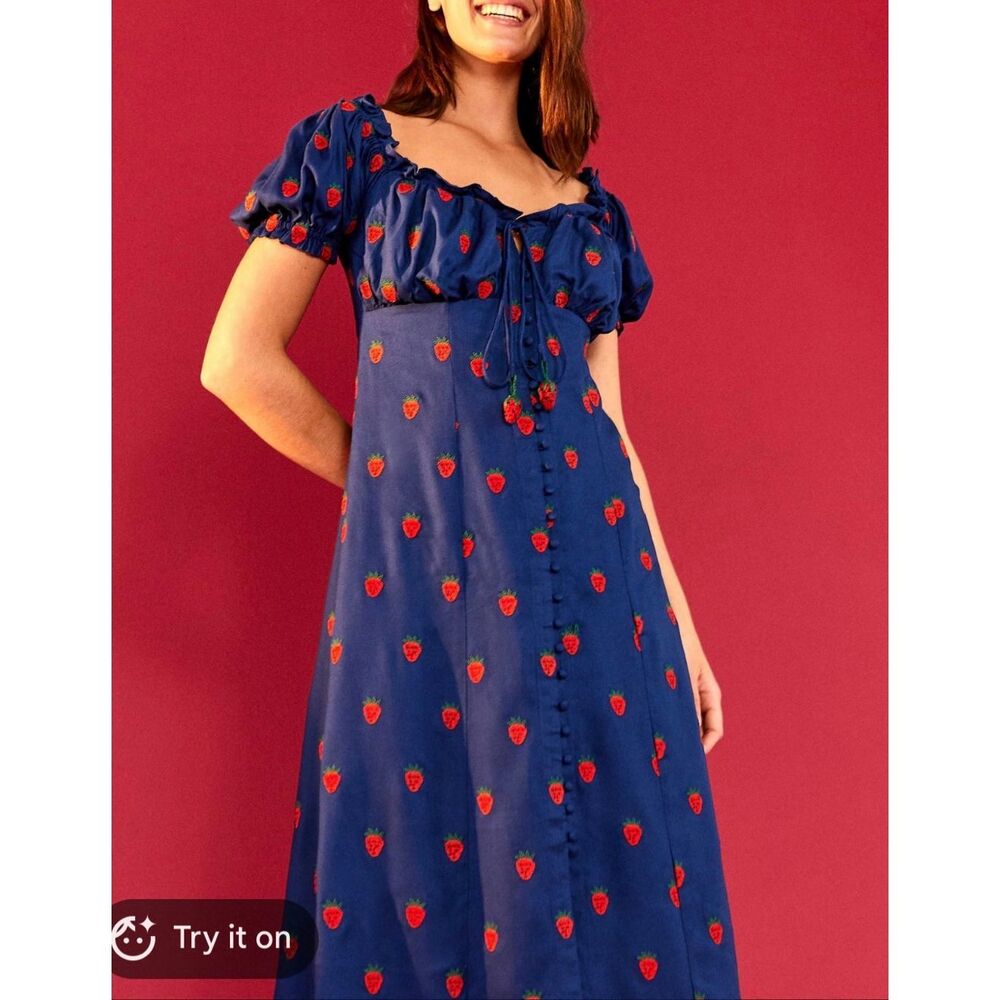 FARM Rio Navy Blue Midi Dress with Red Strawberry Print